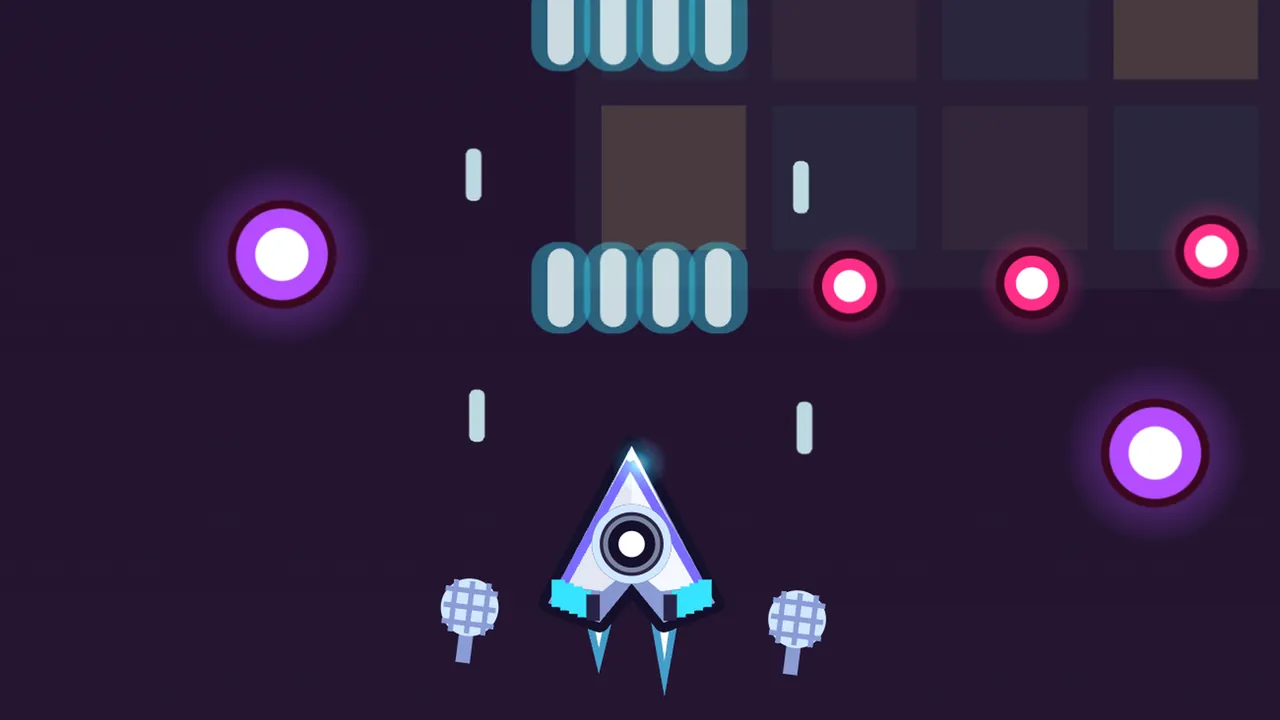 Volta’s ship, a white and lilac arrowhead with a round speaker in the middle and cyan wing tips, flies up a dark plum sky over the Disco Rings with two little pale blue microphones on short stems hovering at its sides, each firing a thin pale shot straight ahead, while two fat bundles of four cyan BEAT shots fly up the middle past two big glowing violet orbs and three smaller pink bullets with white cores, in front of a dim floor of brown and slate dance tiles