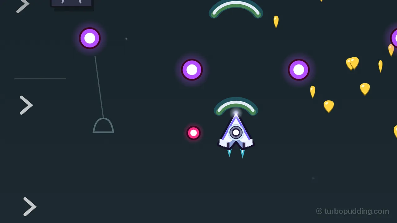 Volta’s ship, a white and violet arrowhead with a round speaker in the middle and two blue flames under it, flies through the dark teal sky of Bell Garden with a green BASS arc just above its nose and another one higher up; three white arrows pointing right pulse down the left edge of the picture to warn that a gust is coming, the thin outline of a hanging bell dangles from a line on the left, purple ring bullets and one pink one float around the ship, and gold guitar picks scatter down the right side