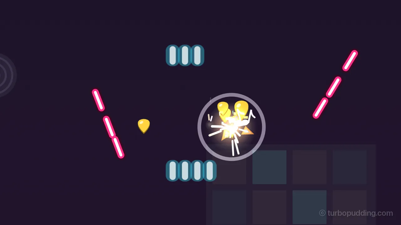 A mirror ball bursts over the Disco Rings: inside a thin pale ring, a bright white flash with sparks, small orange triangle shards and a white music note throws out two big gold guitar picks, with a third pick floating to the left; pale blue BEAT shots in rows of three and four fly up above and below the burst, pink bar bullets slant in from both sides, the dim colored squares of the floating dance floor fill the lower right, and the edge of a set of rings shows at the far left against the dark purple sky