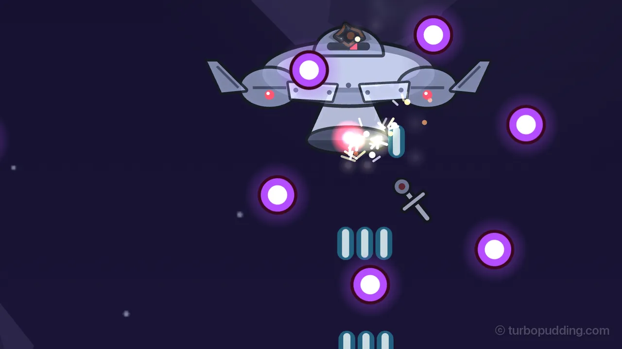 Patrol “Shh,” the mid-boss of Pirate Cove, fills the top of the picture: a gray flying saucer with a small dome on top, two round side pods with red lights, short swept-back wings and a wide loudspeaker horn pointing straight down, glowing pink where a bright spray of white sparks and BEAT shots hits it; purple ring bullets with white centers float all around it, short pale blue BEAT shots in rows of three rise from below, a small gray part with a red dot tumbles away to the right, and the dark navy sky of Pirate Cove shows faint rock shapes in the corners