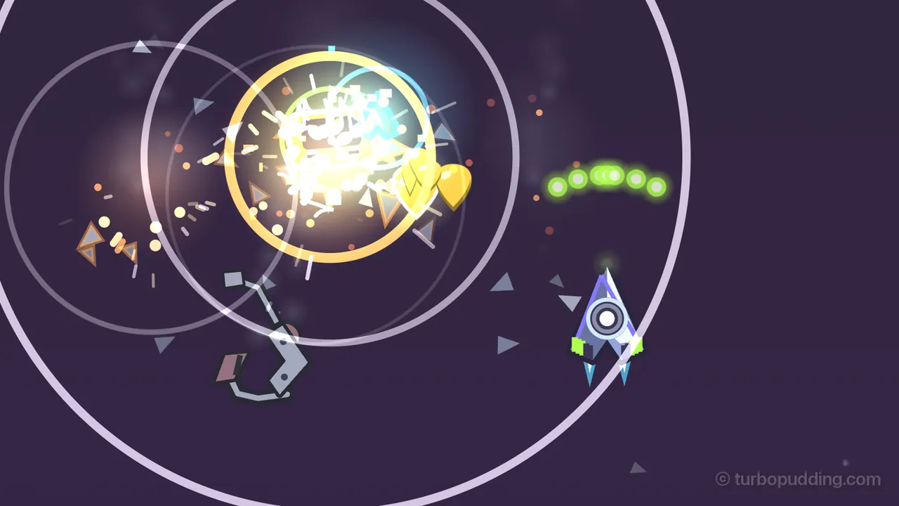 The last second of the Overseer Console, the mid-boss of the Disco Rings: a huge white flash full of white shards fills a thick gold ring, with a smaller green and cyan ring flaring inside it, orange sparks and small gray and copper triangle pieces flying out, and wide pale rings spreading across the dark purple sky; a bent gray piece of the console tumbles away below the blast, two big gold guitar picks fly out to the right, and Volta’s ship, a white and lilac arrowhead with a round speaker in the middle and lime-green wing tips, waits at the right under a curved row of glowing green CHORD shots