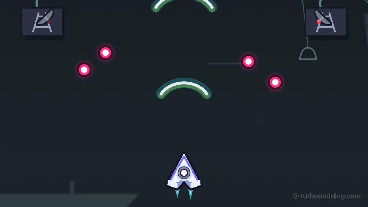 Bell Garden, in dark slate blue: the ship, a white arrowhead with a round speaker cone in the middle and pale bars on its wings, flies at the bottom of the picture, and two wide arcs of BASS rise above it, white with a green and teal glow, one just over the ship and a bigger one at the top edge; two masts, dark square pads with a lattice frame and a satellite dish with a red light on top, stand at the top left and top right, four round pink enemy bullets with white centers float between them, a glass bell outline hangs on a thin thread at the right, and the gray edge of a floating island shows at the bottom left