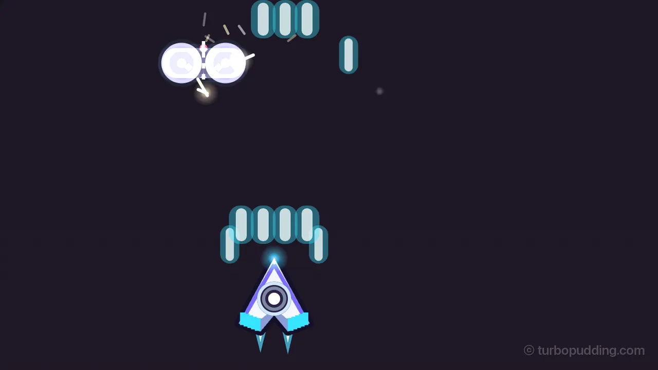 Deep in the dark purple sky of the Disco Rings, the ship, a white arrowhead with a round speaker cone in the middle and bright cyan bars on both wings, fires BEAT: just above its nose flies a row of four fat pale cyan shots with one more angled out at each side, and higher up, as another row of shots flies past, a Stereo, two round speaker cones joined by a short bridge with a dashed seam, flashes bright white with little sparks flying off it, while a single stray shot flies on to the right