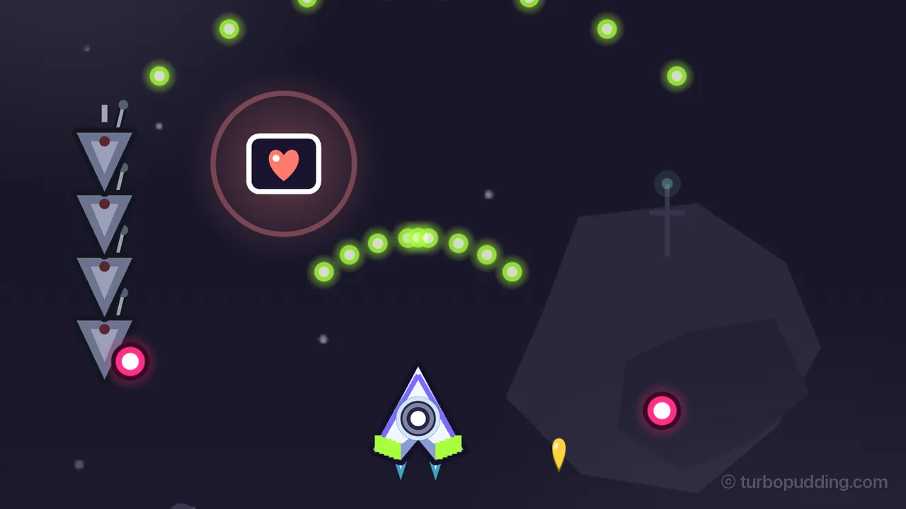 Pirate Cove, in dark violet space: the ship, with lime green bars on its wings, fires CHORD, and two fans of round lime green shots spread out above it, a tight curve of nine just over the ship and a much wider one near the top; at the left, a column of four Squeakers, gray triangles pointing down with a dark red dot and a small antenna each, comes down the screen next to a pink enemy bullet; beside them a heart floats in a white frame inside a soft red ring; a big dark asteroid with a thin relay mast on top looms at the right with another pink bullet in front of it, and a yellow guitar pick drifts beside the ship