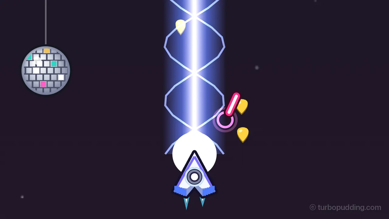 The Disco Rings, in dark purple: the ship, with blue bars on its wings, fires SOLO, a wide beam of blue light with a white-hot core and a pale string wound around it in loops, rising from a big white glow at the ship’s nose to the top of the picture; a yellow guitar pick drifts through the beam, two more float just to its right next to a short pink dash of enemy fire and a small pink ring, and at the left a silver mirror ball with a few pink, teal and gold squares hangs on a long gray thread