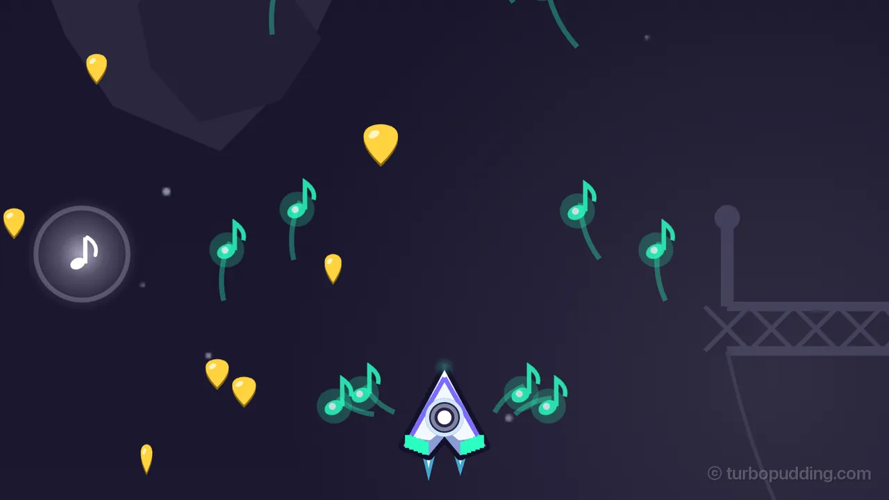 Pirate Cove, in dark violet space: the ship, with mint green bars on its wings, has just fired TRILL, and two pairs of glowing mint green eighth notes with curved tails leave its wings while four more curl upward through the middle of the picture; yellow guitar picks of different sizes are scattered all around, a power spark, a white eighth note in a round dark badge with a pale rim, floats at the left, a dark asteroid hangs at the top left, and the gray lattice of an old relay station truss reaches in from the right edge