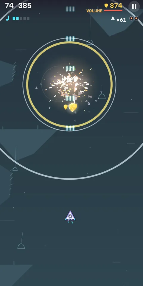 The same moment in Bell Garden a few frames later: a gold ring has opened inside the white one, which has grown wider than the screen, white confetti and gray shards scatter from the middle, and a handful of gold guitar picks tumble down toward Volta’s ship near the bottom