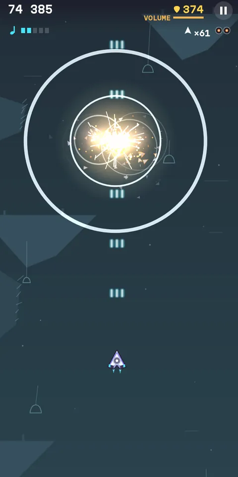 Bell Garden in slate blue just after the boss’s last blast: a bright white fireball full of sparks and gray shards sits in the upper half of the screen inside two white rings, a smaller one close around it and a much bigger one spreading toward the edges, while Volta’s ship flies below with a column of teal shots going up