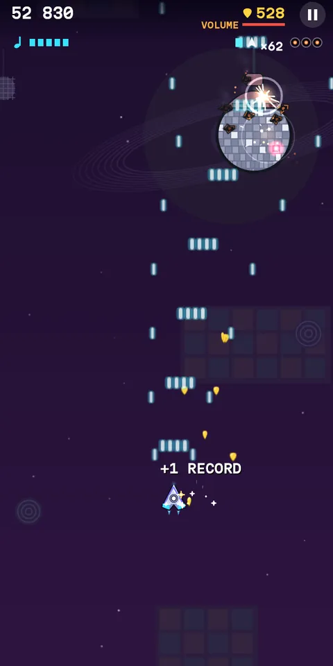 The Disco Rings, in dark purple with a faint ringed planet behind: the Mirror Warden, a big silver mirror ball, is breaking up near the top of the screen, black scraps flying off it and a white blast flaring on its upper right, while columns of pale teal shots rise from Volta’s ship at the bottom, gold picks drift down and the words +1 RECORD float just above the ship