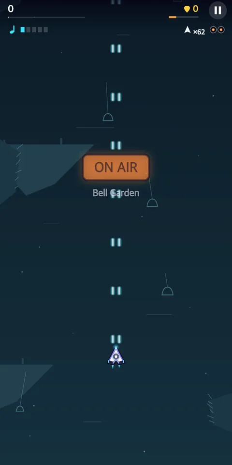 Bell Garden at the very start of the stage, in muted slate blue: an orange plate with ON AIR in dark letters glows in the middle of the screen with Bell Garden written below it in gray, Volta’s ship, a white and violet arrowhead, sits near the bottom firing pairs of pale teal shots straight up, and thin outlines of glass bells hang on threads between dark floating islands; the score reads 0