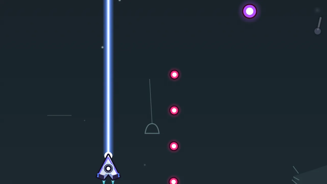 Volta’s ship firing a straight blue-white beam up a dark sky, a column of pink enemy bullets coming down beside it, the thin outline of a hanging bell between them and a bigger purple orb near the top