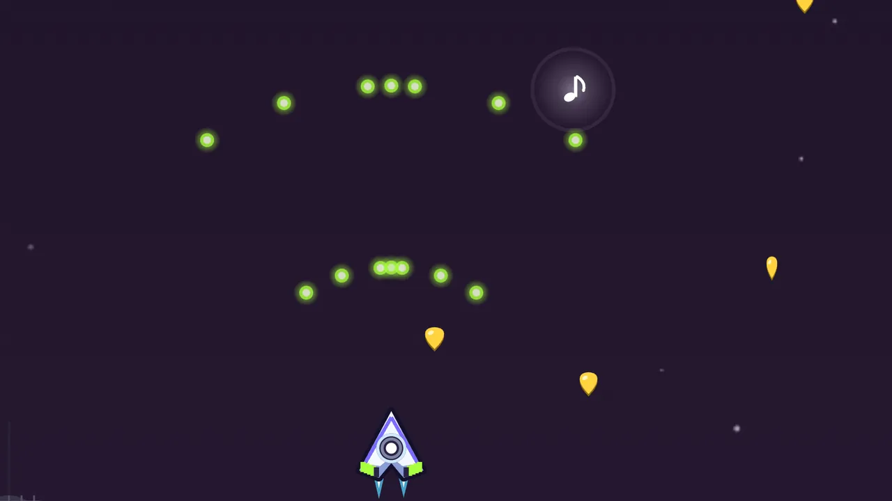 Volta’s ship, a white and purple arrowhead with green trim, flying up a dark purple sky with two fans of glowing green round shots ahead of it and yellow guitar picks floating around
