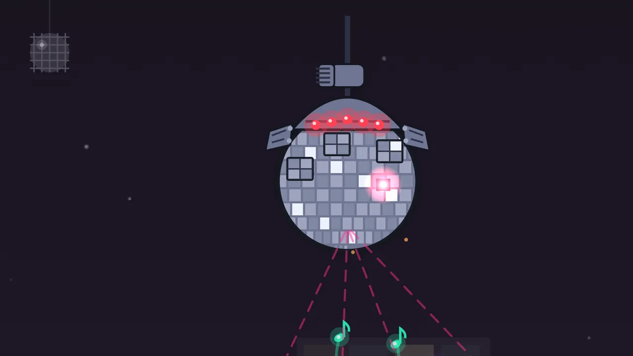 The Mirror Warden, a big gray mirror ball with a row of red lamps on top and one glowing pink tile, hanging from a clamp on a dark sky, pink dashed lines fanning down from it and green eighth-note shots flying up toward it