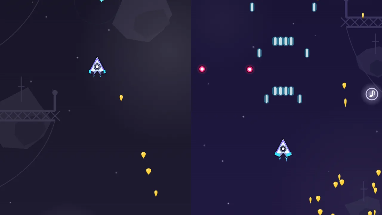 Two halves of one picture: on the left, Volta’s ship over a washed-out gray Pirate Cove with dim relay towers; on the right, the same ship over a deep blue-purple sky with Beat shots ahead of it, pink enemy bullets and yellow guitar picks
