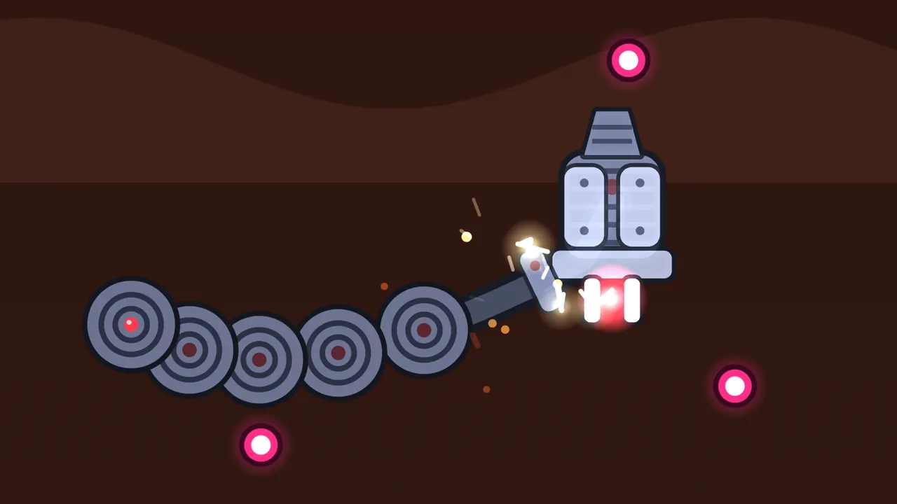 The Cable Serpent over Speaker Canyon, drawn large: its head is a lavender jack plug with a ribbed boot on top, two grip halves with screws, a collar and two white pins glowing red where shots hit, and a dark cable runs from it to a chain of round gray cable links with ringed faces and red centers curving off to the left; white sparks and orange bits fly around the plug, and pink enemy bullets are scattered across a dark brown sky with a soft dune ridge at the top
