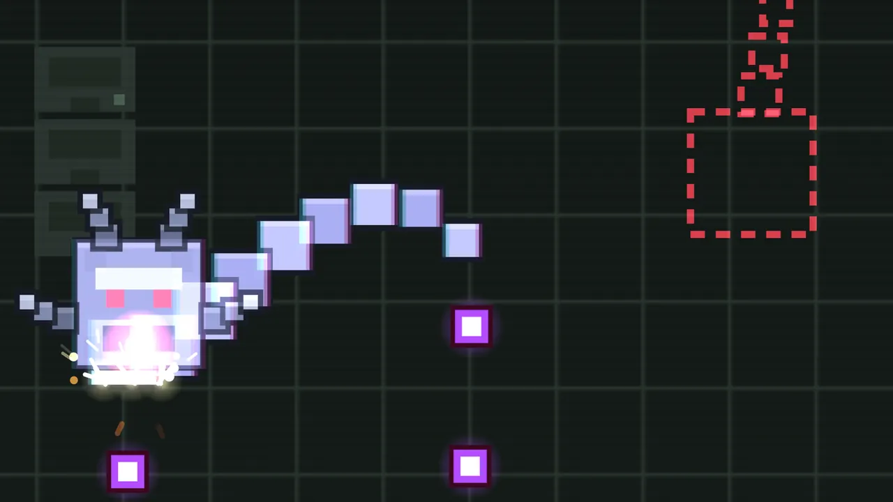 The Glitch Snake in the Pixel Archive: a big lavender pixel head with two red square eyes, a white brow, two stubby pixel horns on top and pixel fins on the sides, its jaw flashing white where shots hit it; a line of lavender pixel squares curves up and to the right behind it as its body, three purple square pixel bullets glow below, and in the upper right a dashed red outline of a square head with a short dashed tail marks the spot it will jump to, all on a dark green grid with a dim tower of cartridges on the left