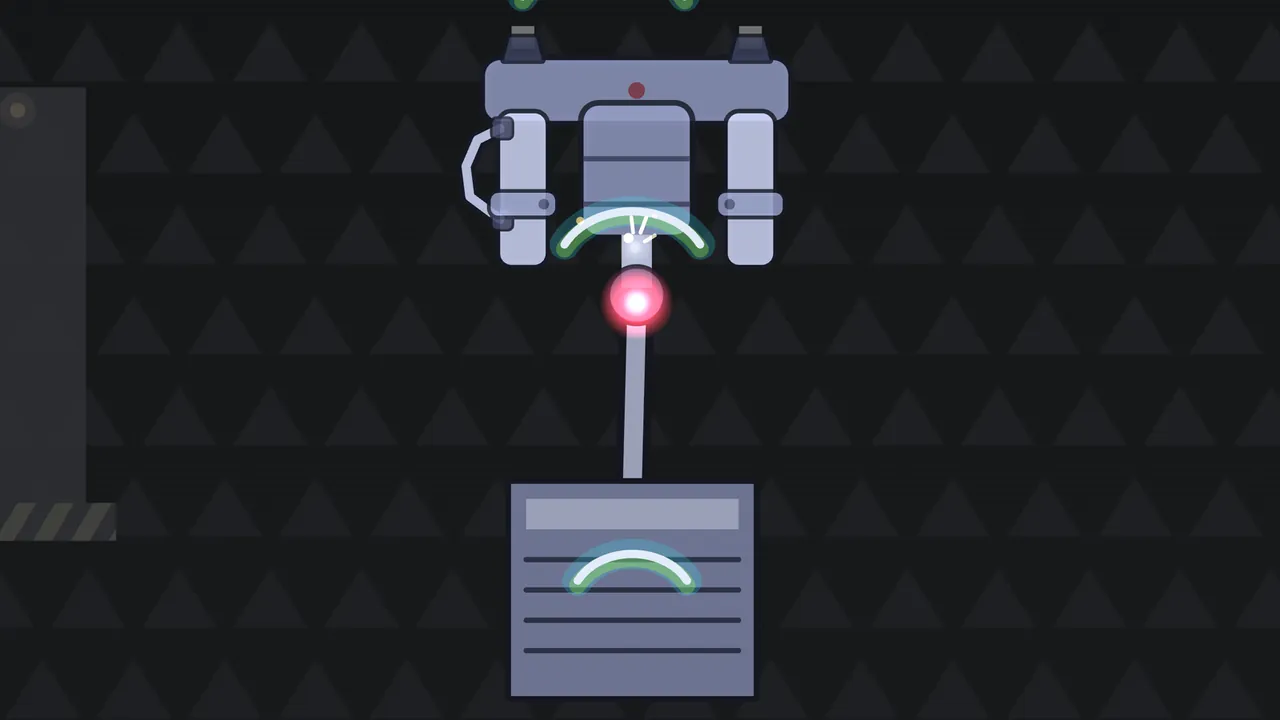 The Press Robot in the Factory of Silence, drawn large: a gray crossbeam with two small thrusters and a dim red light on top, two lavender columns with clamp bands and a curved hydraulic hose on the left one, a gray cylinder in the middle and a glowing pink piston hinge under it; a long rod runs down from the hinge to a heavy gray stamp plate with dark stripes, green arc-shaped shots curve over the cylinder and the plate, a gray wall with yellow and black caution stripes stands on the left and the background is a dark wall of foam wedges