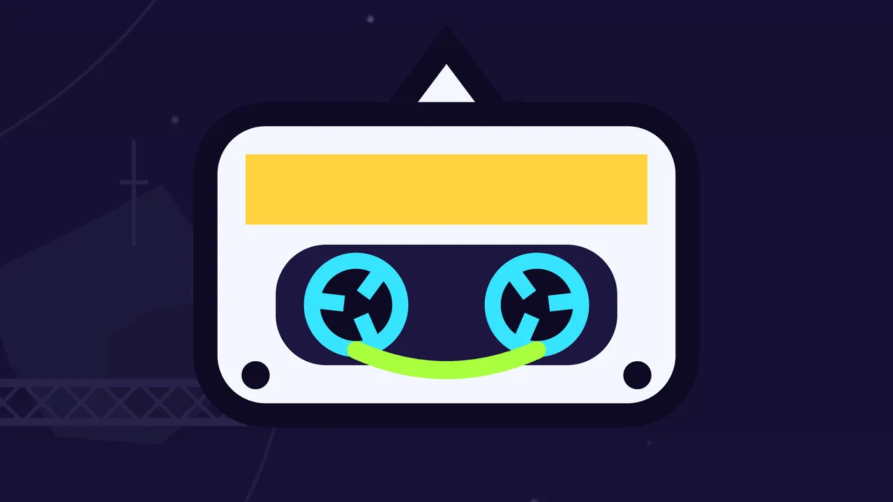 Bobina, the cassette robot, drawn large: a white cassette shell with a thick dark outline, a small white fin on top, a yellow label stripe, two cyan reels for eyes in a dark window, a bright green strip of tape curved into a smile and two black screws in the lower corners, against the dark purple night of Pirate Cove with a thin relay tower and a truss on the left
