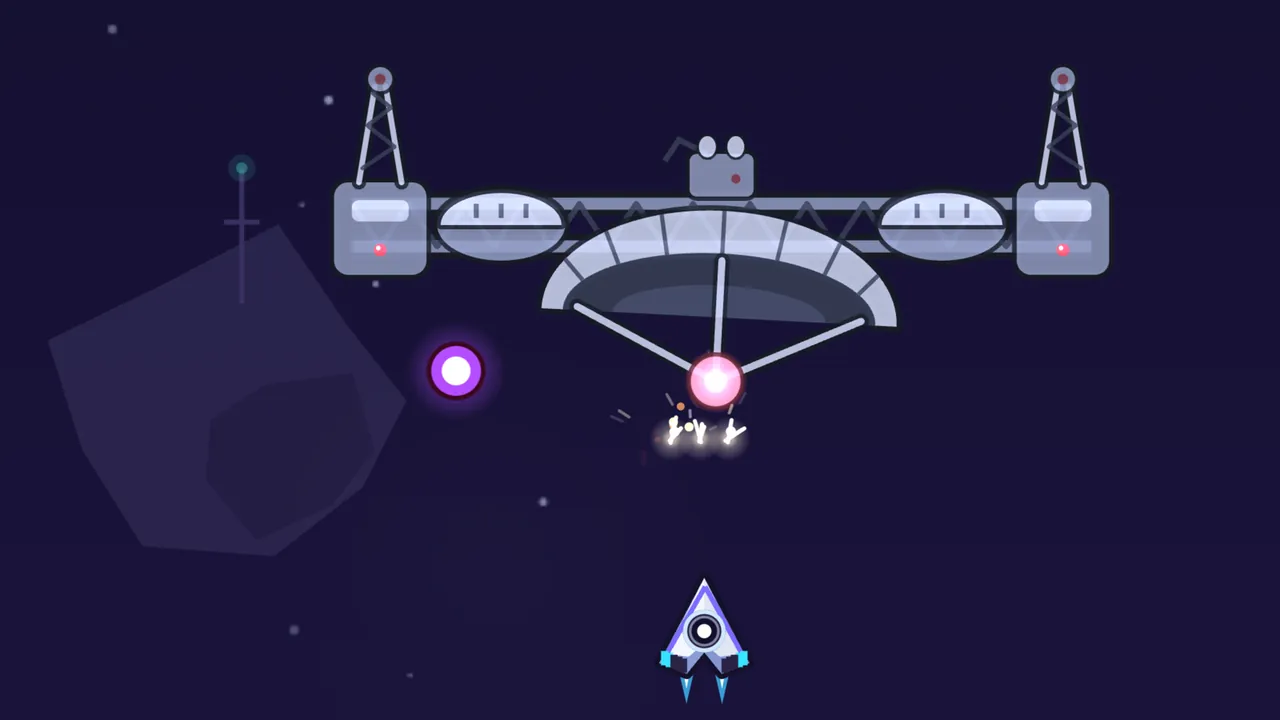 The Jammer Dish over Pirate Cove: a big gray radar dish hanging under a long truss with a lattice mast and a box with a red light at each end, a glowing pink emitter held at its focus by three struts, white sparks where shots hit it, a purple enemy bullet to the left and Volta’s small arrowhead ship below, with a faint relay tower and a rock in the background