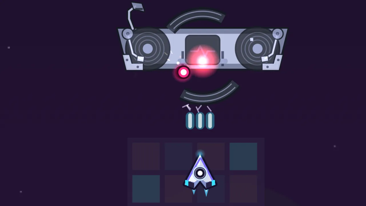The Overseer Console in the Disco Rings: a long gray DJ console with a turntable and tonearm at each end, a desk lamp on one corner and a dark screen in the middle glowing pink where it is hit, two black curved vinyl shields circling it, a pink enemy bullet beside the screen and Volta’s ship firing three short shots upward from over a dim dance floor of colored squares