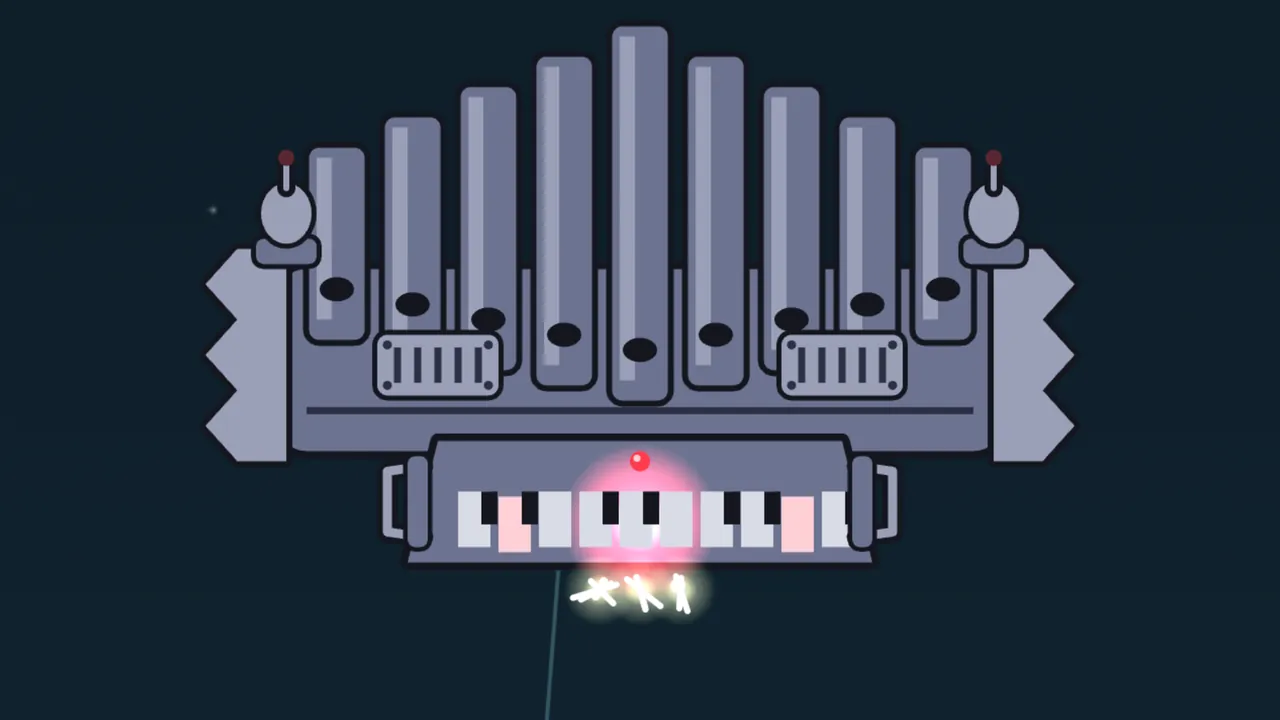 The Wind Organ over Bell Garden: a gray fortress of nine organ pipes rising to the tallest in the middle, with zigzag bellows on both sides, two carved grilles, a round finial with a red tip on each upper corner and a keyboard console below whose keys glow pink in the center, white sparks flying off the keys against a dark teal sky