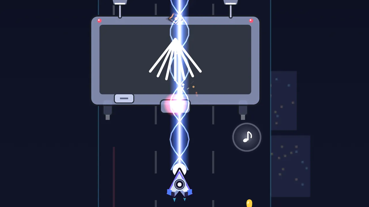 On Night Highway, the Billboard, a huge flying screen showing a white fan of lines, hangs over a dark road with dashed lane lines and street lamps, while Volta’s ship below fires a SOLO laser beam straight up that sparks on the projector lens under the screen, with city blocks of lit windows on the right and a gold guitar pick near the bottom