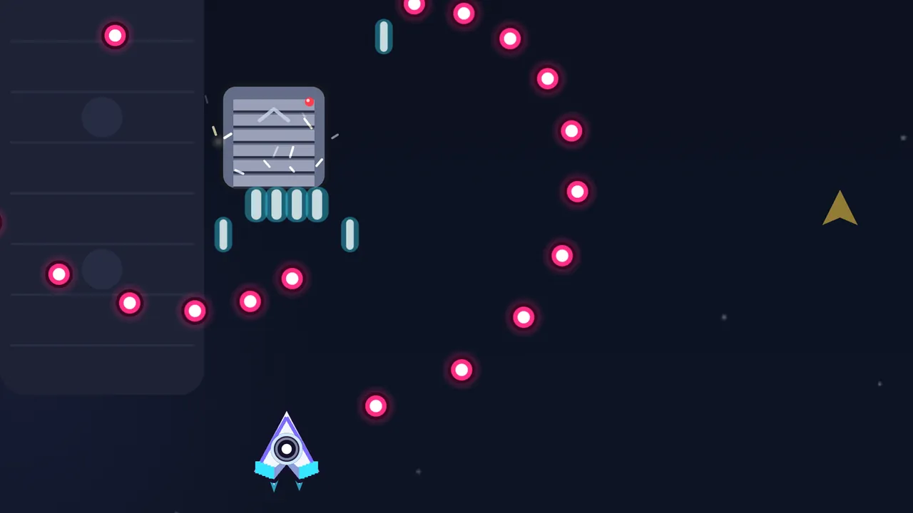 Deep in space in the Armada, beside a gray battleship hull on the left, a Noise gate, a heavy gray square with louvers and a red light, spins out a long curving stream of pink dots while Volta’s ship at the bottom left fires pairs of teal BEAT shots up at it, and a small gold allied ship flies far off to the right
