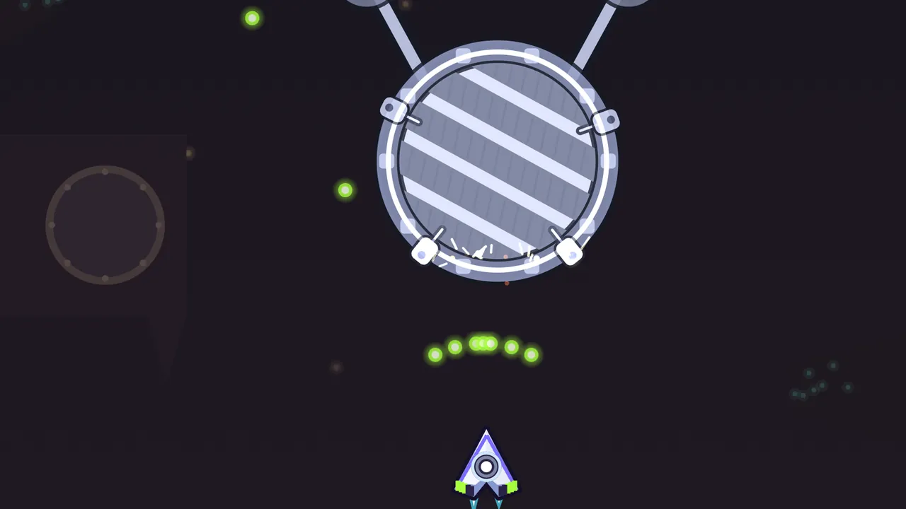 In the dark Drum Cave, the Muffled Drum, a huge round drum seen face on, its skin wrapped in bands of gray felt and its rim set with bolted lugs, with two mallet arms reaching up out of the picture, while Volta’s ship below sends a fan of green CHORD shots up at it, with a drum skin with a bolted rim set into the cave wall on the left