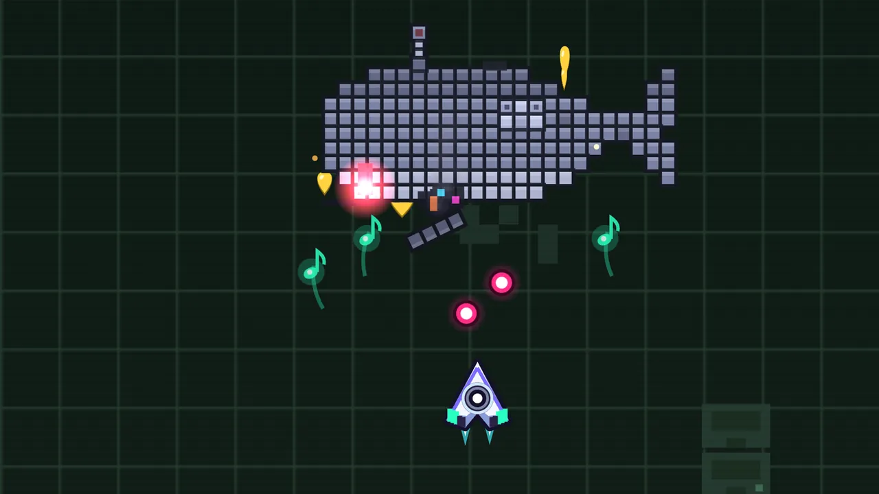 On a dark green grid in the Pixel Archive, the Pixel Whale, a big gray whale built of square pixels with an aerial on its back, glows pink at its eye, while green TRILL notes with curling tails swim up toward it from Volta’s ship below, past two pink enemy bullets, with gold guitar picks falling nearby and a tower of cartridges in the lower right corner