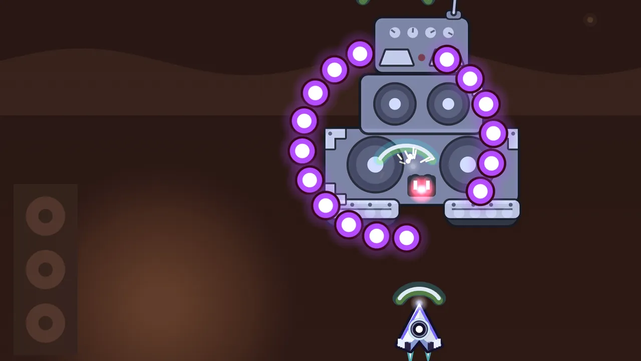 In Speaker Canyon, over a dark brown desert with a soft orange glow and a speaker cabinet on the left, the Stack Colossus, three gray amp cabinets stacked on two tracks, with knobs and a small antenna on top and big speaker cones below, lets out a ring of glowing violet bullets around itself, while Volta’s ship flies right under it, firing a green arc of BASS