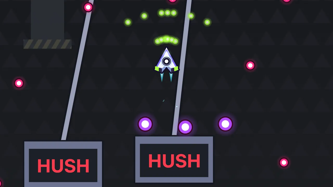 In the Factory of Silence, against a dark wall of foam wedges with a press pillar and yellow caution stripes in the corner, the Stamper’s two long gray arms reach down to two dark plates marked HUSH in big red letters, while Volta’s ship flies right between the arms, firing green CHORD shots up, with glowing violet and pink bullets around it