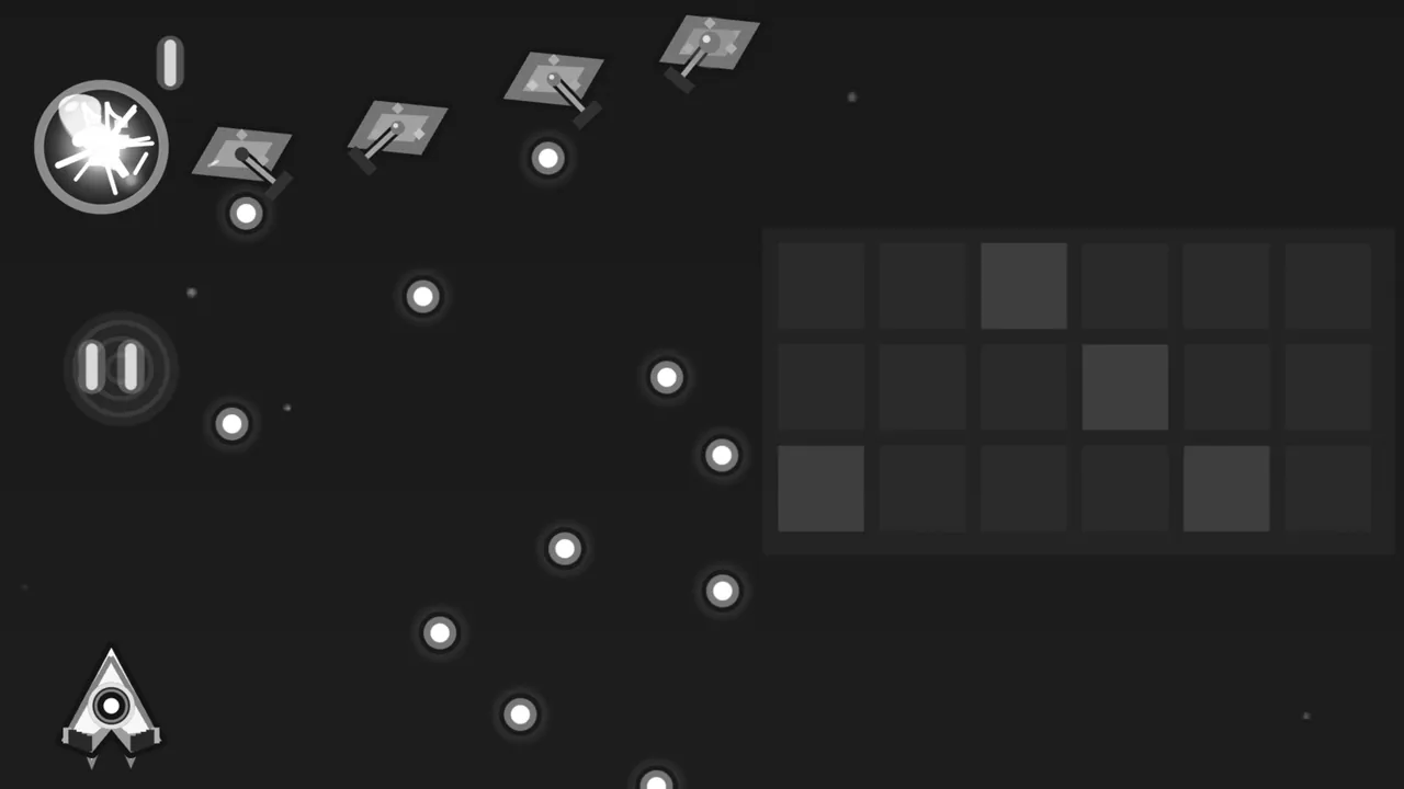 A frame from the Disco Rings with all the color taken out: a row of four diamond-shaped Jammer turrets with cannon barrels across the top, a white burst inside a ring at the far left, a long curving line of enemy bullets running down the middle, each one a bright white dot in a dark ring, a big panel of dark gray dance-floor squares on the right, and Volta’s small arrowhead ship in the bottom left corner