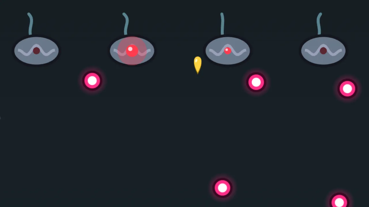 A close-up in Bell Garden against a dark teal sky: four gray saucer-shaped Jammers in a row, each with a thin curly antenna on top, a pale wavy line across its hull and a small red rec light in the middle, the second one’s light swollen big and glowing just before it fires; below them a few crimson bullets, each a round crimson body with a dark rim, a soft pink halo and a big white core, and a small gold guitar pick falling between the saucers