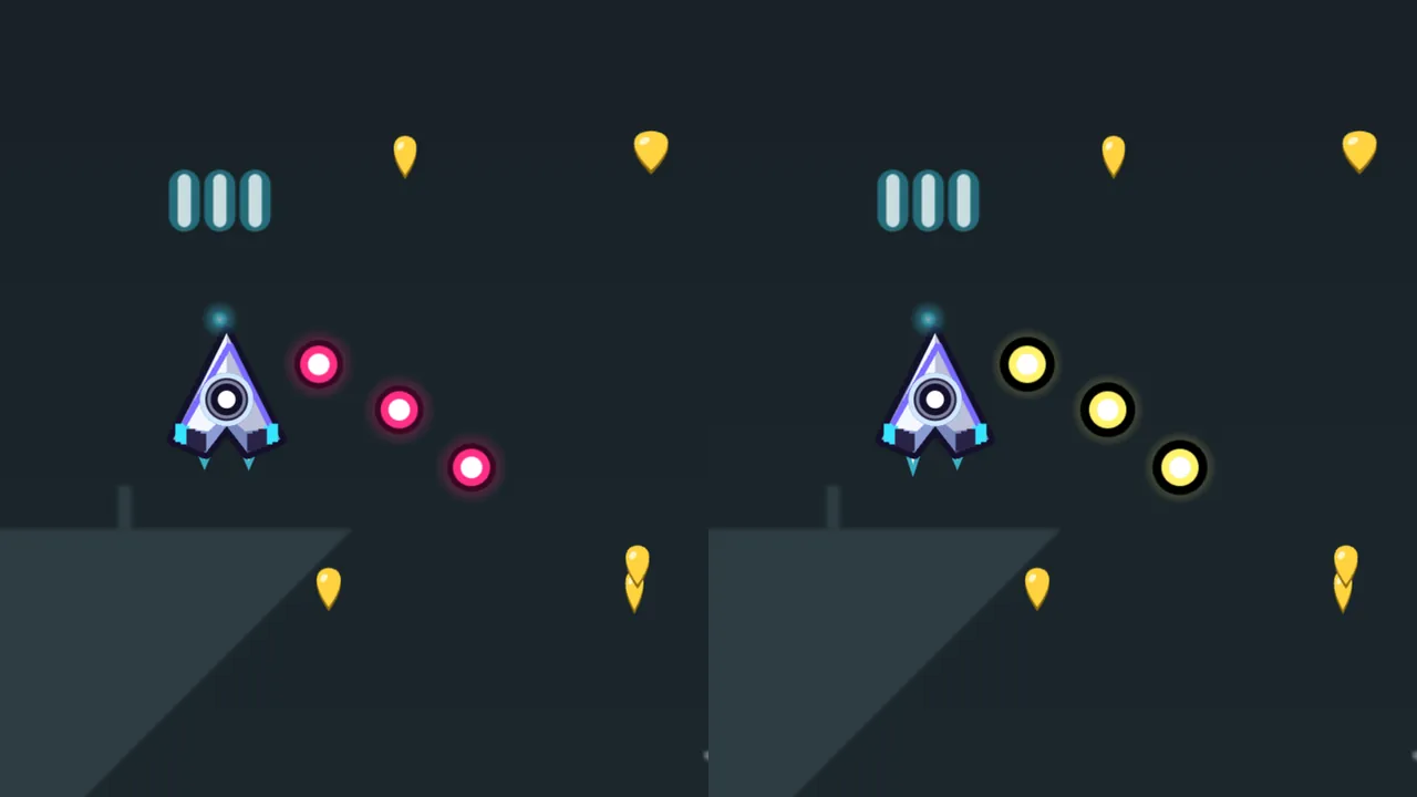 The same paused moment in Bell Garden shown twice, side by side: on the left, Volta’s white and lilac arrowhead ship with three teal shots above it and three crimson enemy bullets with white cores and dark rims trailing past its right wing; on the right, the same ship and shots, but the three enemy bullets are yellow-white with thick black rims; gold guitar picks fall around the ship and a dark slanted shape from the background rises from the lower left in both halves