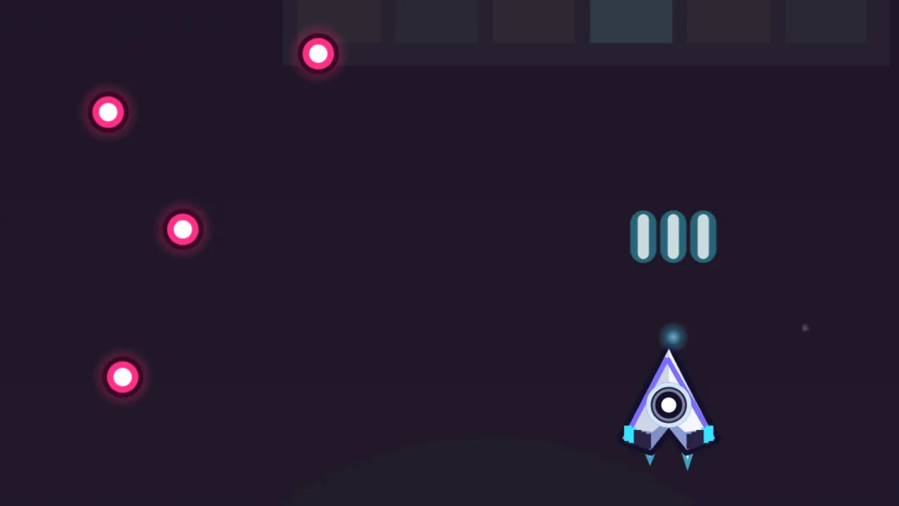 Over the dark purple sky of the Disco Rings, Volta’s white and lilac arrowhead ship with a speaker cone in the middle flies up on the right with three teal shots above it, while four crimson enemy bullets with white cores and dark rims come down on the left, under the edge of a dim dance floor of colored squares