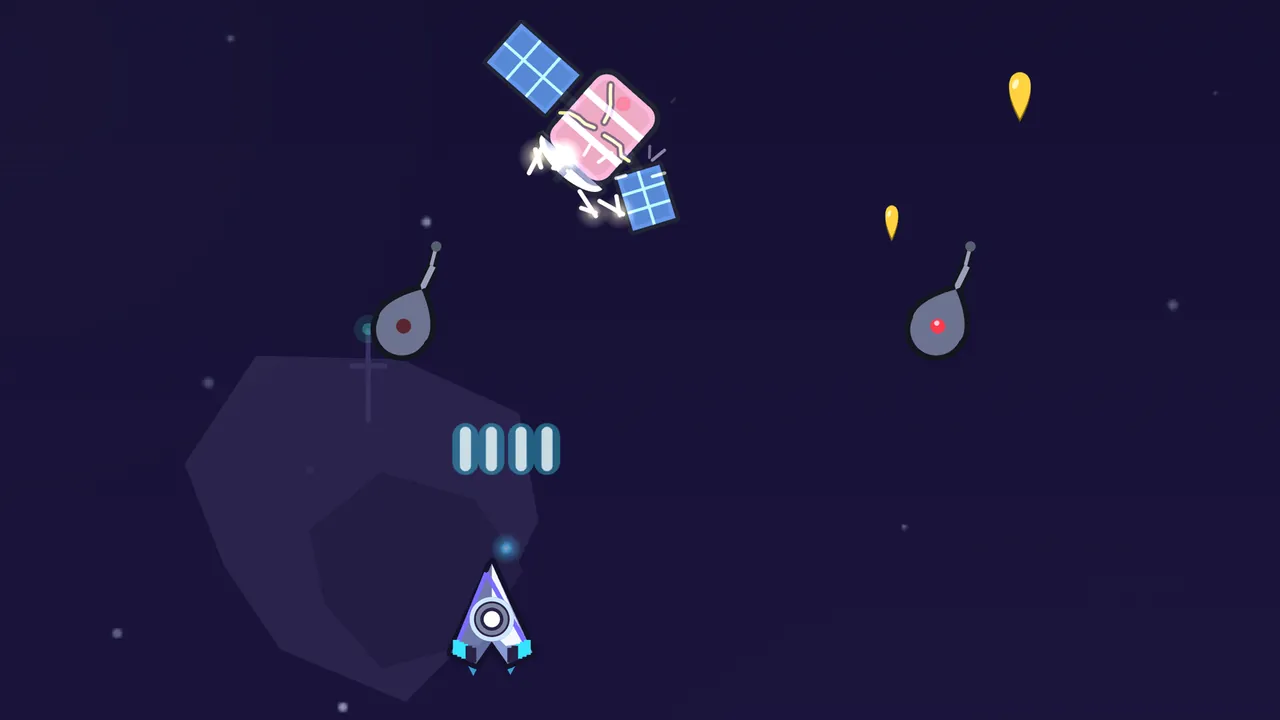 Pirate Cove, on a deep indigo sky with faint stars: Volta’s ship, the white and lilac arrowhead with cyan wing tips, flies past a dim purple asteroid with a thin old relay mast on it and fires a row of four pale blue bars; above it, a pink satellite with two blue solar panels is cracked and crackling with white sparks, two gray teardrop Jammers with antennas and red lights hang on either side, and two gold guitar picks fall on the right