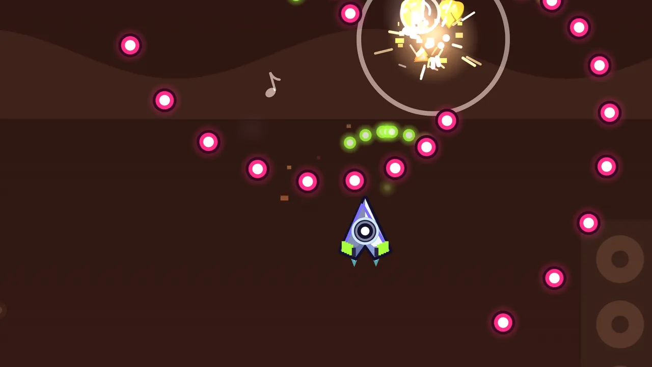 Speaker Canyon, on a dark brown background with low ridges shaped like dunes: Volta’s ship, a white and lilac arrowhead with a round speaker in the middle and lime-green wing tips, flies up through a broken ring of glowing pink bullets while an arc of small lime-green shots flies ahead of it; at the top a Jammer bursts in a flash of yellow and white sparks inside a pale ring, a faint gray music note floats on the left, and in the lower right corner stand the big round speaker cones of an amp stack