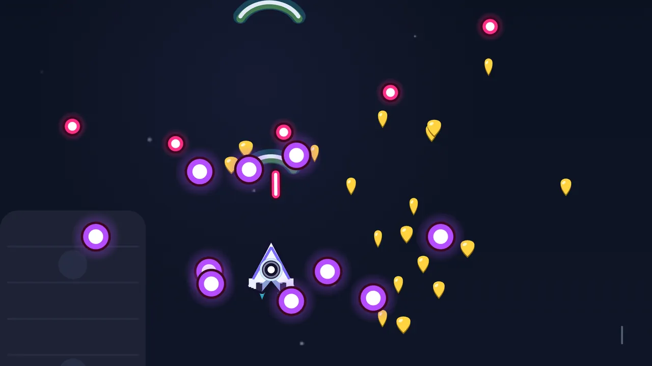 The Armada, in deep navy space: Volta’s ship, the white and lilac arrowhead, flies through a crowd of big glowing purple bullets and smaller pink ones, while a pale green arc of sound rises above it and a scatter of gold guitar picks tumbles down on the right; the dark gray hull of a battleship with a round hatch fills the lower left corner