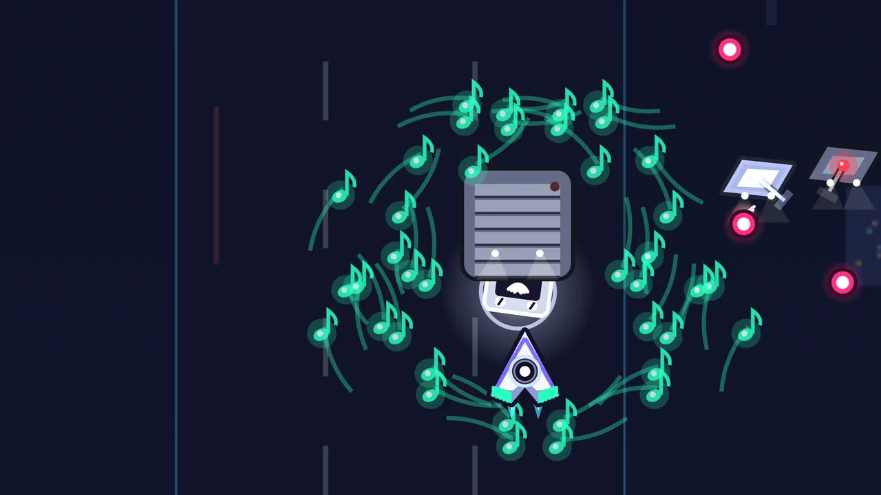 Night Highway, on a dark navy background with thin lane lines: Volta’s ship, a white and lilac arrowhead with a round speaker in the middle and mint-green wing tips, flies right under a Jammer, a gray box with slats, a dark red light in its corner and two small lamps at the bottom, with a little white screen under it; a big ring of glowing green notes with curling tails swirls around the two of them, two pink bullets hang on the right, and two more Jammers shaped like tilted flat panels peek in from the right edge
