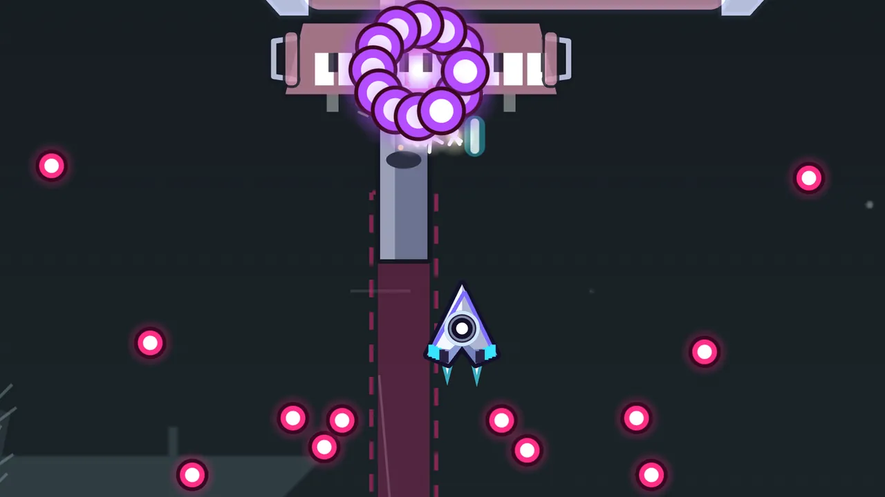 Bell Garden, against a dark slate sky: at the top, the Wind Organ’s console, a pink case with a row of white and black keys, lets out a tight ring of violet orbs; below it a gray organ pipe slides down into a long dark red strip with a dashed pink edge, the shadow that marks where it will land; Volta’s ship, a white and lilac arrowhead with a speaker cone in the middle and cyan tips on the wings, flies just to the right of the strip, with crimson bullets scattered around it