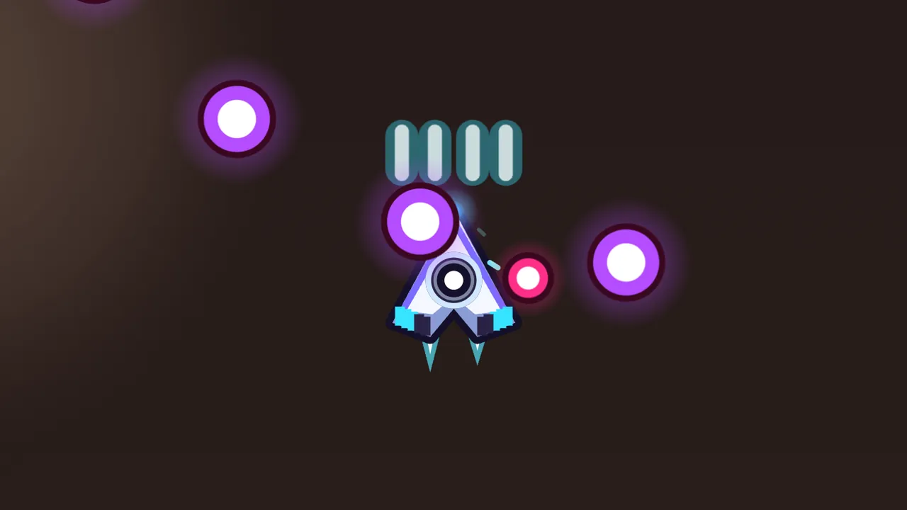 Speaker Canyon, close up, against a dark brown sky: Volta’s ship, a white and lilac arrowhead with a round speaker cone in the middle, a white dot at its center, cyan tips on the wings and two thin cyan engine flames, flies upward with four teal tablet-shaped shots just ahead of its nose; a violet orb with a white core sits right over the tip of the left wing, a small crimson bullet touches the right wing, a tiny cyan spark flickers between them, and two more violet orbs drift past on the left and right
