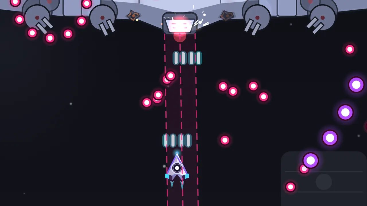 The underside of Hushmost, Monotone’s flagship, fills the top of the picture: a pale gray hull with round turrets, each with a red eye and twin barrels, and in the middle a glowing gun port with a red bulb charging under it; from the gun a dark band with dashed pink edges runs straight down the screen, and Volta’s ship, the white and lilac arrowhead with a speaker cone, flies inside the band near the bottom, firing teal tablet-shaped shots up along it; crimson bullets and a slanting line of violet orbs fill the dark space on both sides