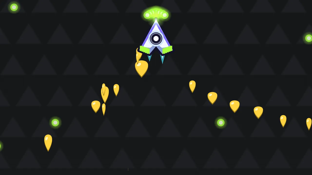 The Factory of Silence, a dark gray wall of faint triangles: Volta’s ship, the white and lilac arrowhead with a speaker cone in the middle and lime tips on the wings, flies near the top of the screen with a fan of green Chord shots bursting from its nose; below it, two loose lines of yellow guitar picks curve up toward the ship from the lower left and the lower right, the nearest one right under the wing, and a few round green shots drift across the dark
