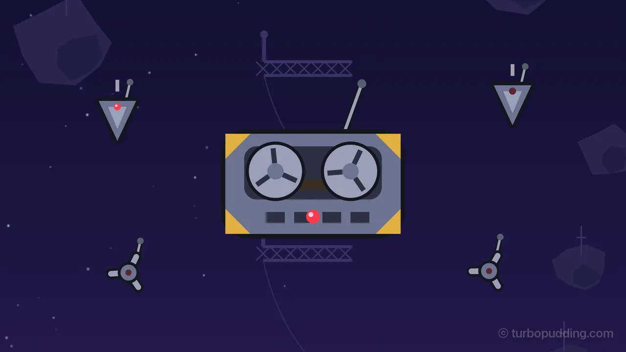 Over the deep indigo sky of Pirate Cove, a Cargo deck, a wide gray tape deck with two big pale reels with three dark spokes each, a dark window between them, gold triangles on all four corners, a row of dark buttons with a bright red rec light in the middle and a thin whip antenna sticking up from its top, hangs in the middle of the frame; two small gray Squeakers, darts pointing down with short white exhaust dashes and antennas of their own, fly at the upper left and upper right, two little Fizz flakes of static with three spokes each spin in the lower corners, and dim purple rocks and a faint lattice truss of the station float in the background