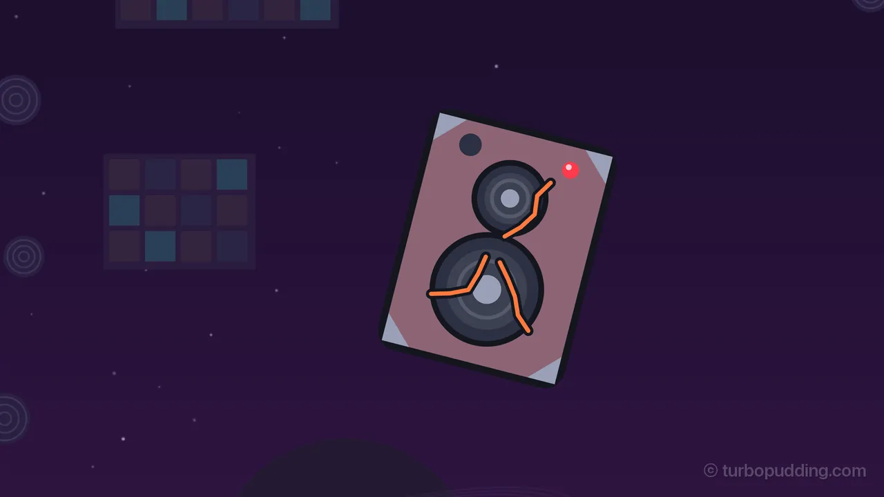 Over the dark purple sky of the Disco Rings, a giant speaker cabinet floats tilted to one side, its hull gone a dusty reddish mauve, with pale metal corners, a small woofer above a big one, a dark round tweeter in the top left corner and a bright red rec light in the top right; three dark cracks with glowing orange insides run across both woofers, and a dim dance floor of colored squares, faint ring patterns and the dark top of a planet fill the background