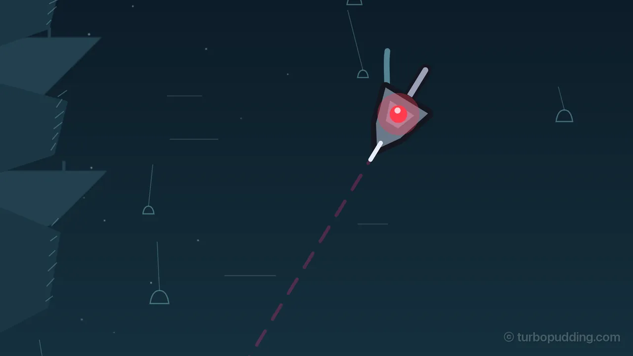 In the dark teal sky of Bell Garden, a Stylus, a gray pickup head shaped like a shield with a pale plate, a short arm sticking up behind it and a white needle at its point, hangs tilted toward the lower left with its red rec light swollen and glowing; a pale cyan streamer rises behind it, a dashed crimson groove line runs from the needle down to the bottom of the frame, and dim floating islands and little bells on long threads fill the background