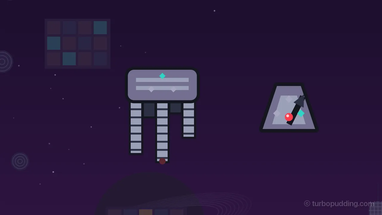 In the dark purple sky of the Disco Rings, an Equalizer, a rounded gray box with two pale stripes and three small sequins on its face, one of them lit teal, hangs on the left over five meter bars: three tall striped bars and two short dark ones that leave gaps between them, with a dim red light at the tip of the tallest; on the right, a Metronome, a gray trapezoid like a little pyramid with a pale face, a dark arrow tilted to the right, a bright red rec light near its base and sequins in lilac and teal; behind them are a dim dance floor of colored squares, faint ring patterns and the dark curve of a ringed planet at the bottom