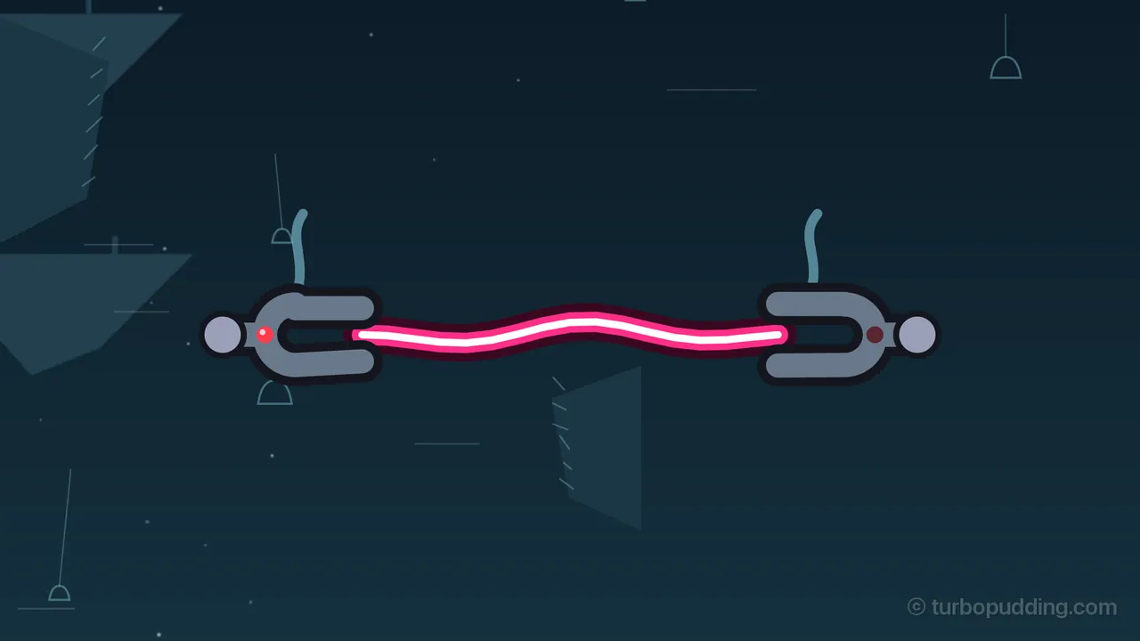 In the dark teal sky of Bell Garden, two Tuning forks face each other across the frame, each a gray U lying on its side with a pale knob at the end of its stem, a pale cyan streamer curling up above it and a small red light; between their open prongs stretches the humming thread, a wavy crimson line with a white core and a dark rim, and dim floating islands with slanted sides and little bells hanging on long threads fill the background