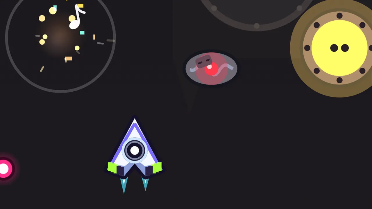 Inside Drum Cave, almost black: Volta’s ship, a small white and lilac arrowhead with a round speaker in the middle and lime-green fins, flies upward on the left; on the right wall, a big round drum skin with a bronze rim and studs glows bright yellow, with two dark dots in its middle; between them drifts a gray saucer with a red eye, a pink enemy bullet glows at the left edge, and up on the left, a small enemy bursts in a ring of light, gold sparks and a white music note