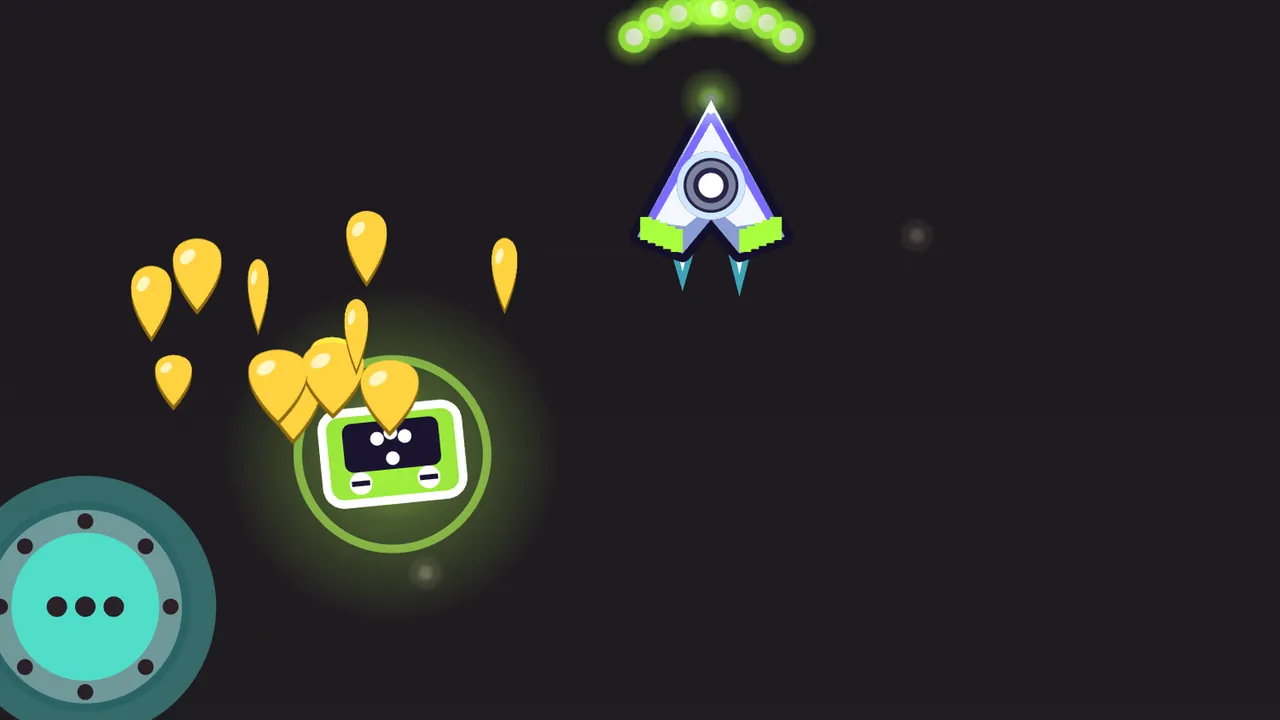Drum Cave, almost black: Volta’s ship, a white and lilac arrowhead with a round speaker in the middle and lime-green fins, flies upward at the top center under an arc of glowing green shots; below and to the left, a capsule like a lime-green cassette tape with a dark window glows inside a green ring as a spray of gold guitar picks bursts out above it, and in the bottom left corner, a round teal drum skin with three dark dots and a studded gray rim sits in the cave wall
